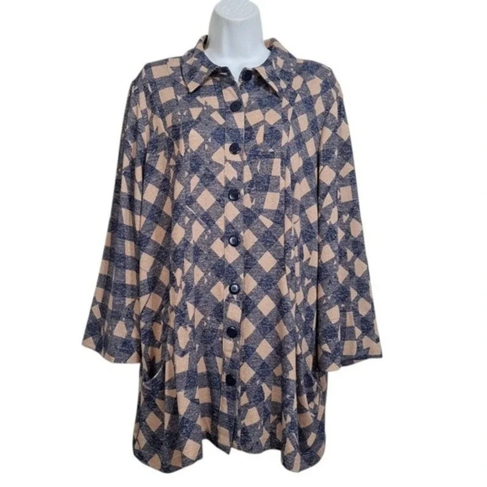 Attitudes by Renee Top Womens M‎ L Blue Beige Casknit Plaid Cozy Shacket Jacket